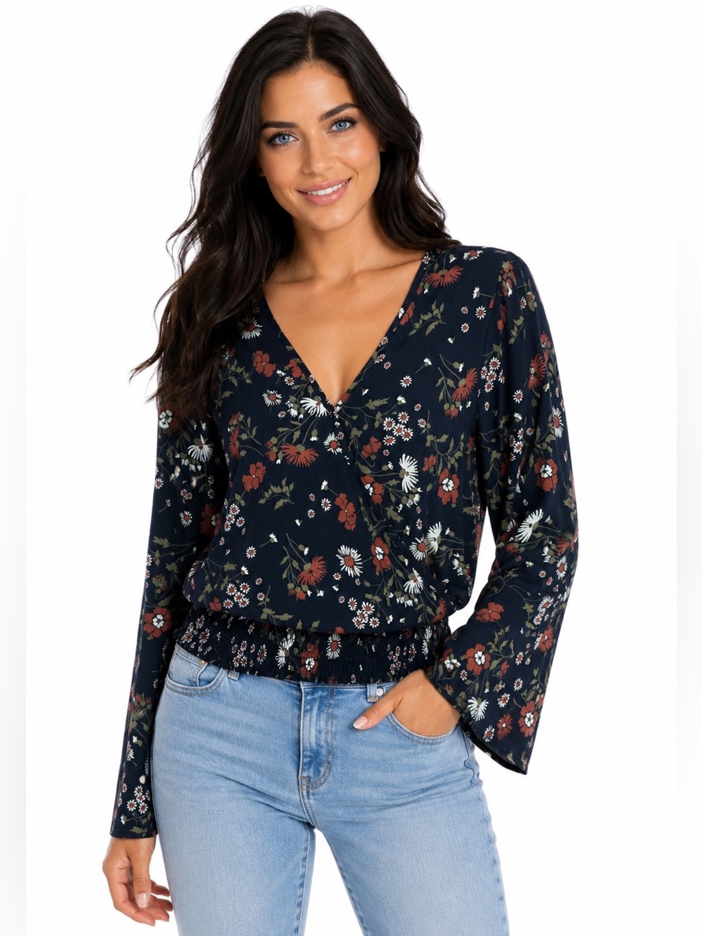 Sienna Sky Floral Surplice Blouse Large Navy Boho Bell Sleeve Smocked Hem